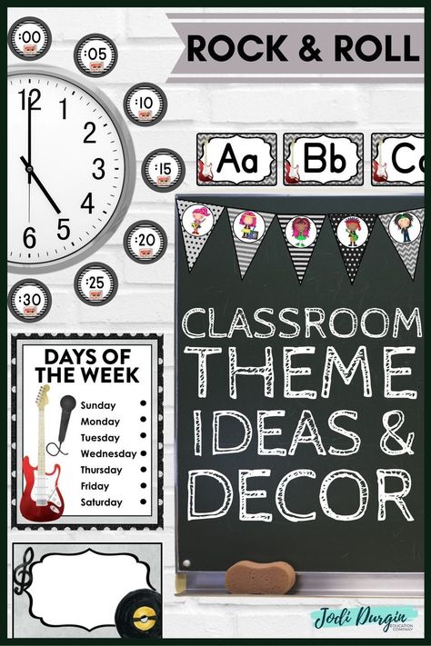 Check out the rock & roll classroom theme ideas for your elementary classroom or homeschool room. Whether you call it a rockstar theme or a music theme, your students will feel welcome back to school. From bulletin board sayings to door decor photos & all the posters, charts & decorations in between, this blog post will give you the photos and inspo you need to set up for the new year. Get excited for your classroom transformation! See calendar set, nametags, labels, schedule cards & job charts. Rockstar School Theme, Rock And Roll Theme Classroom Bulletin Boards, Rock And Roll Classroom Door, Rock And Roll School Theme Bulletin Boards, Rock Star Classroom Theme, Rockstar Theme Classroom, Music Class Door Decor, Rock N Roll Classroom Theme, Rockstar Classroom Theme