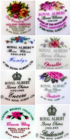 Complete Guide to Royal Albert Back Stamps, courtesy of the Royal Abert Reference Website. Follow rickysturn/fine-china Tea Sets Vintage Victorian, Vintage China Patterns, Royal Albert Tea Cup, Reference Website, Royal Albert China, Pretty Tea Cups, Antique Tea Cups, Tea Sets Vintage, Pottery Marks