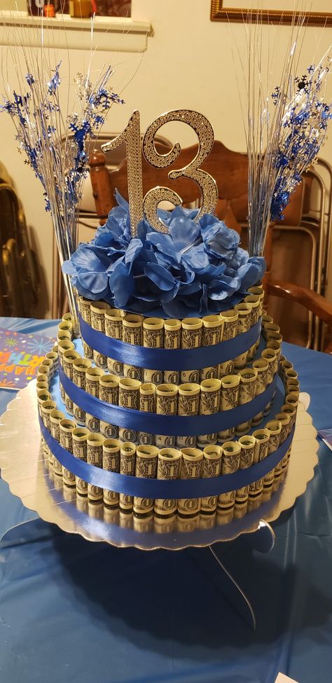 I made this Money Cake for my son 13th Birthday. I used $113 in ones since he was turning 13. 13teen Birthday Ideas, 13yrs Old Birthday Ideas, Cake For 13th Birthday Boy, 13 Teen Birthday Ideas, 13 Gifts For 13th Birthday, 13tg Birthday, 13 Boy Birthday Ideas, Money Cakes Birthday, Boys 13th Birthday Ideas