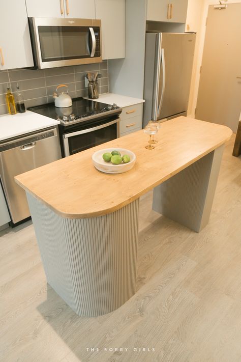 I challenge myself to build this custom kitchen island with some ikea cuboards fo my friend! Not only does it need to be beautiful and fit her aesthetic, it needs to function as both a kitchen island and as a desk. So here is the step-by-step process of how I did that. Kitchen Counter Table Ideas, Small Kitchen Kitchen Island, Added Island To Small Kitchen, Ikea Malm Dresser Hack Kitchen Island, Add Shelves To Kitchen Island, Faux Marble Kitchen Island, Rental Kitchen Island, Diy Curved Kitchen Island, Makeshift Island Kitchen