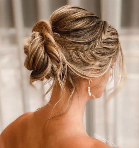 Messy Bouffant Braid and Bun Updo Wedding Guest Updo With Braid, Bride Wedding Hair Updo With Braid, Messy Bun Bridesmaid Hair, Low Messy Bun With Braid, Low Messy Bun Prom, Bridesmaid Hairstyles With Braids, Bridesmaid Hairstyles Updo Braid, Bridesmaid Hairstyles Bun, Messy Bun With Braids