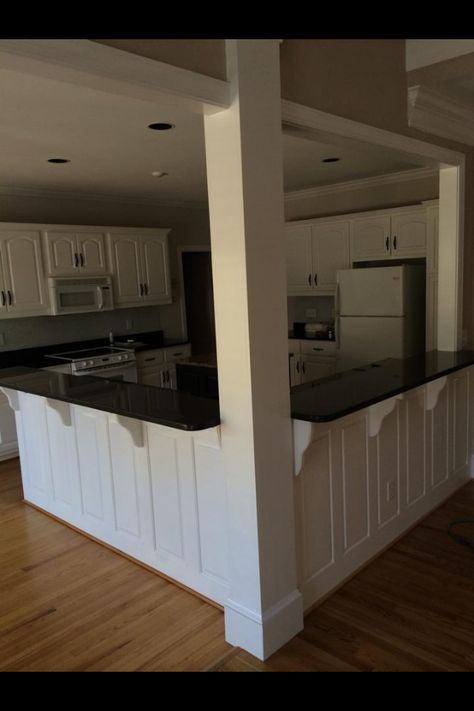 Kitchen Remodel With Corner Sink, Half Wall Kitchen Living Room Divider, Exposed Trusses Kitchen, Kitchen In Center Of House Layout, Kitchen Island With Column Support, Kitchen Island With Wall, Raised Ranch Bathroom, Kitchen Columns Load Bearing Wall, Bilevel Kitchen Remodel