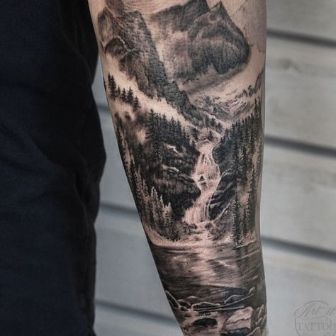 Waterfall tattoo by @arrethai #tattoosformen #mentattoos Waterfall Tattoo Forearm, Forest Waterfall Tattoo, Mountain And Waterfall Tattoo, Waterfall Sleeve Tattoo, Waterfall Mountain Tattoo, Men Nature Tattoo, Woods Tattoo Sleeve, Waterfall Tattoo Sleeve, Mountain Waterfall Tattoo