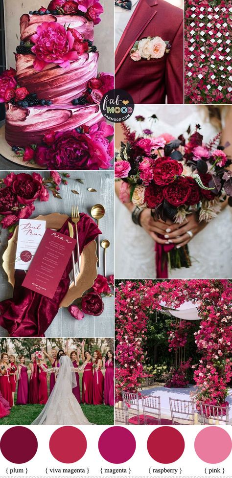 Colours For Wedding Theme, Dark Fuschia Wedding, Magenta And Gold Wedding Theme, Berry Pink Wedding Theme, Red Scheme Colour Palettes, Magenta Wedding Colors Colour Palettes, Magenta Theme Wedding, Berry Color Wedding Decor, Coral And Fuschia Wedding