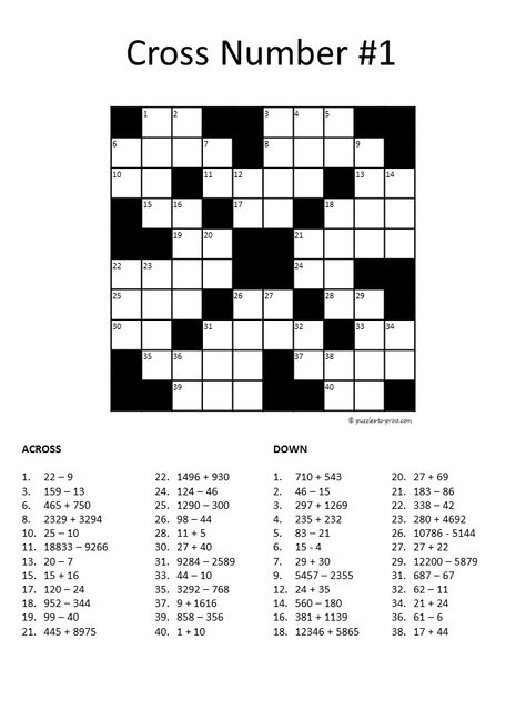 Free printable number crossword puzzle with solution.  Find other puzzles to help with learning math. Free Printable Crossword Puzzles, Math Journal Prompts, Printable Crossword Puzzles, Math Riddles, Math Puzzles, Maths Activities, Basic Math Skills, Number Puzzles, Math Journals