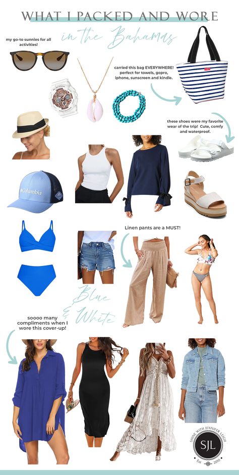 Bahamas Packing List Blue and White Outfits Mexico, Carribean Cruise Capsule Wardrobe, 2024 Cruise Outfits, All Inclusive Resort Outfits, Caribbean Packing List, Bahamas Packing List, Travel Capsule Wardrobe Spring, Caribbean Vacation Outfit, Cruise Packing List Caribbean