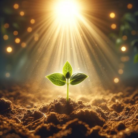 A serene and uplifting image depicting the concept of personal growth under divine guidance. The scene features a small, healthy seedling growing in fertile soil, bathed in warm, gentle sunlight that seems to emanate from above, symbolizing divine presence. The background shows a soft, heavenly light that further enhances the spiritual atmosphere. The seedling has a few fresh green leaves and... Fertility Background, Verses About Growth, Bible Verses About Growth, Profetic Art, Growth Background, Growth Pictures, Bible Background, Growth Art, Warm Background