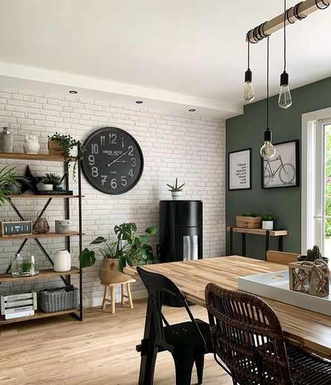 Nordic Home Decor on Instagram: “Great combination of greens, wood, black and white! Love it 🖤 . Credits: @maryline._ . Follow us for more decor content! . 👉…” Black And Wood Interior, Black House Decor, Dark Wood Living Room, White House Interior, Green Dining Room, Black Interior Design, Living Room Decor Colors, Wood Interior Design, Black Living Room