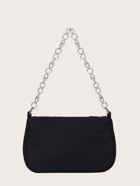 Black    Nylon   Embellished   Women Bags Baguette, Black Handbags For Women, Black Handbag Small, Aesthetic Bags, Black Bags, Tas Fashion, Style Minimaliste, Baguette Bag, Side Bags