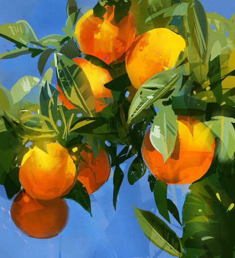 Digital painting on the Ipad pro Oranges Painting Acrylic, Orange Art Aesthetic, Orange Digital Art, Arte Peculiar, Orange Painting, Orange Art, Orange Tree, Aesthetic Painting, Landscape Illustration