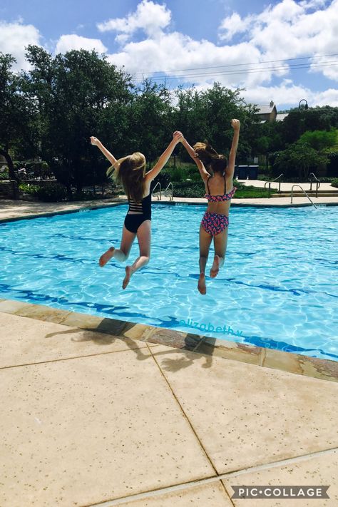 Summer fun pool jump friends bff  Photos by elizabeth villa Pool Photo Ideas With Friends, Pool Aesthetic Summer Friends, Friend Holiday Pictures, Pool Pic Ideas Best Friends, Swimming Aesthetic Pool Friends, Besties Pool Pictures, Jumping Into Pool Aesthetic, Bff Holiday Pics, Pool Pics To Take With Friends