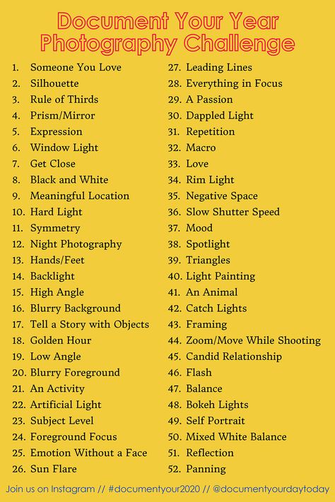 52 Week Photo Challenge, 52 Photography Challenge, Photography Challenge For Beginners, Improve Your Art Challenge, Weekly Photography Challenge, How To Improve Your Photography Skills, 30 Day Challenge Photography, Beginner Photography Challenge, Composition Ideas Photography