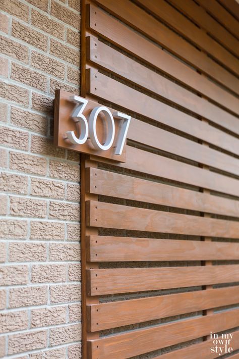 Exterior Update: Modern House Address Numbers | In My Own Style Cool Address Numbers, Exterior House Numbers, Mcm Patio, House Address Numbers, Brick Steps, Trim Colors, House Address Sign, Wood Slat Wall, Home Exterior Makeover