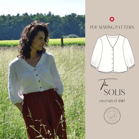 Oversized Shirt PDF Sewing Pattern for Women called SOLIS | Step-by-step Instructions | Instant Download EU 34-52 / UK 6-24 / US 2-20/ AU 6-24 Couture, Boho Blouse Pattern, Short Sleeve Blouse Pattern, Women Shirt Designs, T Shirt Sewing Pattern, Shirt Sewing, Sewing Blouses, Minimalist Shirts, Shirt Sewing Pattern