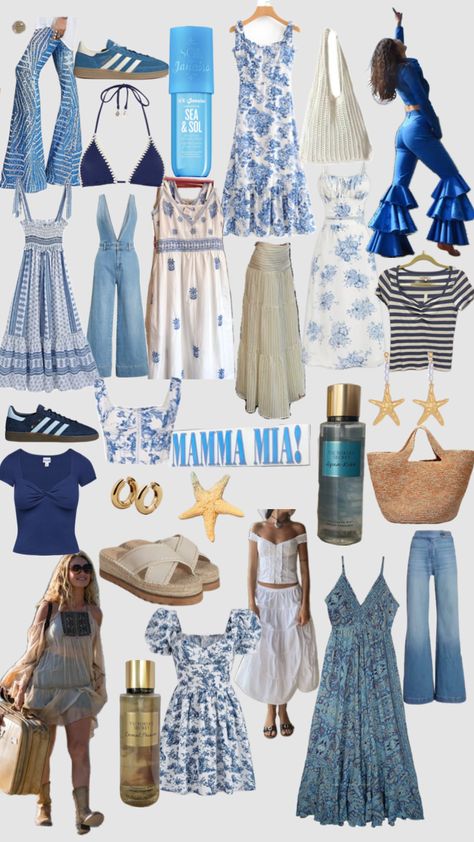 #mammamia #abba Bogota, 70s Mama Mia Aesthetic, Mama Mia Outfits Sophie, Sofie Mamma Mia Outfits, Abba Night Outfit, Blue Outfit Collage, Mamma Mia Core Outfits, Mamma Mia Young Donna Outfits, Mamma Mia Here We Go Again Outfits