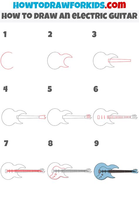 how to draw an electric guitar step by step How To Draw Guitar Step By Step, Electric Guitar Poses Drawing, How To Draw Electric Guitar, How To Draw A Guitar Step By Step, Guitar Easy Drawing, Draw A Guitar, Electric Guitar Drawing, Guitar Easy, Guitar Sketch