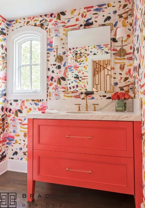 Scouted! 15 Stylish Bathrooms That Celebrate Color | Bradshaw Designs | San Antonio, TX Remodels, Wallpapered Bathroom, Confetti Wallpaper, Coral Bathroom, Colorful Bathroom, Stylish Bathroom, Color Powder, Bathroom Colors, Remodel Bedroom