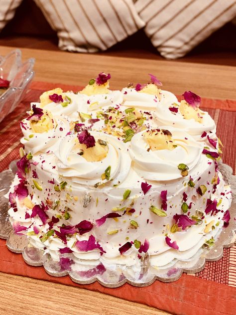 Vanilla almond #Yummy#Whipped cream#pistachio#rose-petal#festival cake#eggless# Fruit Cream Cake, Rose Petal Cake, Festival Cake, Pistachio Rose, Cake Eggless, Petal Cake, Fruit Cream, Dry Fruit, Cream Cake