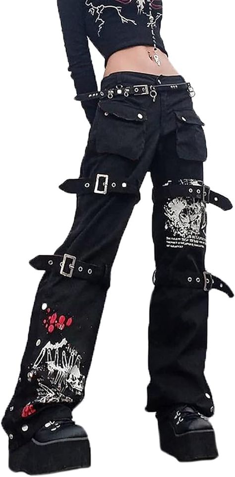 Women's Goth Baggy Jeans Wide Leg E-Girl Grunge Gothic Pants Harajuku Y2k Tripp Pants Punk Streetwear (A2, Medium) at Amazon Women's Jeans store Patchwork, Punk Grunge Aesthetic, Goth Leggings, Punk Jeans, Goth Pants, Grunge Fits, Tripp Pants, Black Outfit Men, Gothic Pants