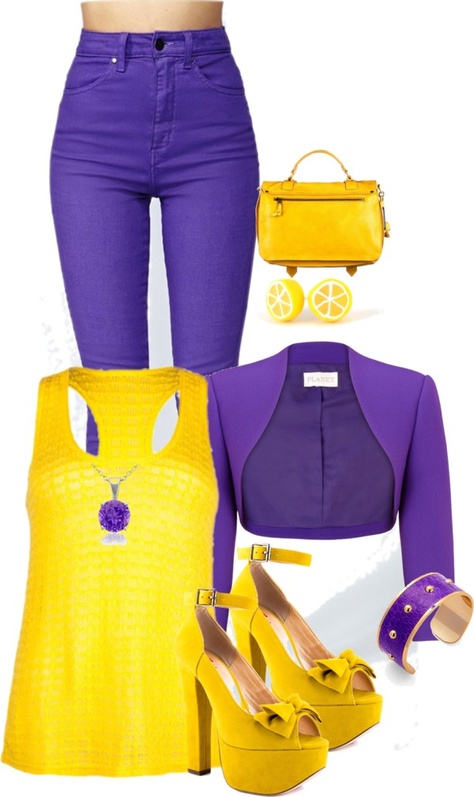 . Purple And Gold Outfits For Women, Purple And Orange Outfit Ideas, Purple And Mustard Outfit, Purple Yellow Outfit, Yellow And Purple Outfit, Purple And Yellow Outfit, Ssense Fashion, Fashion Purple, Yellow Clothes