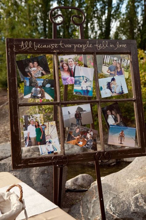 This idea is for using at a wedding reception, but I think it would also look great as home decor. Old Windows, Wedding Photo Display, Rehearsal Dinner Decorations, Photo Deco, Do It Yourself Wedding, Dinner Decoration, People Fall In Love, Wedding Rehearsal, Here Comes The Bride