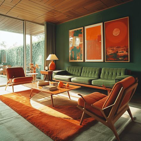 Modern 70s Dining Room, Renter Friendly Design, Dark Orange Couch, Queer Interior Design, Simple Style Interior Design, 70s Inspired Living Room, 70s Lounge, 70s Living Room Decor, 70s Living Room