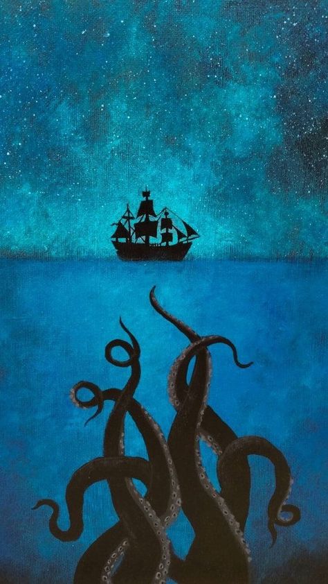 Pirate Ship Art, Tentacle Art, Painting Ideas Creative, Caribbean Art, Octopus Tattoo, Ship Drawing, Ship Paintings, Halloween Painting, Sea Monsters