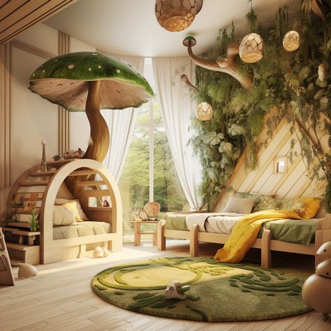 Woodland Forest Kids Room, Tree House Themed Nursery, Nursery Ideas Forest Animals, Girls Forest Room, Magic Forest Kids Room, Richard Scarry Nursery, Forest Playroom Ideas, Magical Toddler Room, Enchanted Forest Reading Corner