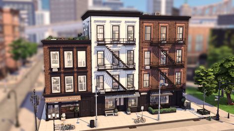 Brownstone Bloxburg, Sims 4 New York Apartment, Sims 4 Nyc Apartment, Bloxburg City House, Sims 4 Custom Lots, Sims 4 Town Houses, Sims 4 Brownstone, Townhouse Layout, Sims 4 Townhouse