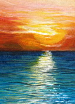 Close up of K. Conover's acrylic painting: "Beach Sunset" 2012. (24 x 30) SOLD.  Water painting of the sun's reflections at sunset Sunset Beach Pictures, Water Sunset, Black Canvas Paintings, Canvas For Beginners, Acrylic Painting For Beginners, Simple Acrylic Paintings, Sunset Art, Wow Art, Ocean Painting
