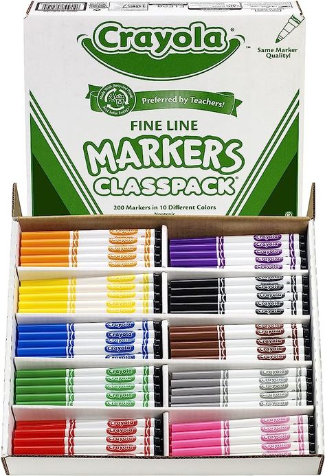 CRAYOLA BULK MARKER SET: Get ready for a creative school year with this pack of 200 Fine Line Markers in 10 Classic Crayola Colors. CRAYOLA COLORS: This Crayola Marker Classpack features Crayola Colors including Red, Green, Black, Brown, Purple, Blue, Gray, Pink, Yellow, and Orange. The vibrant colors will not bleed through paper, making them ideal markers for kids. Count on Crayola markers for the ultimate in color, laydown & versatility. Markers For School, Back To School List, Crayola Art, School Supplies For Teachers, Crayola Markers, Kids School Supplies, School List, Christmas Child, Operation Christmas