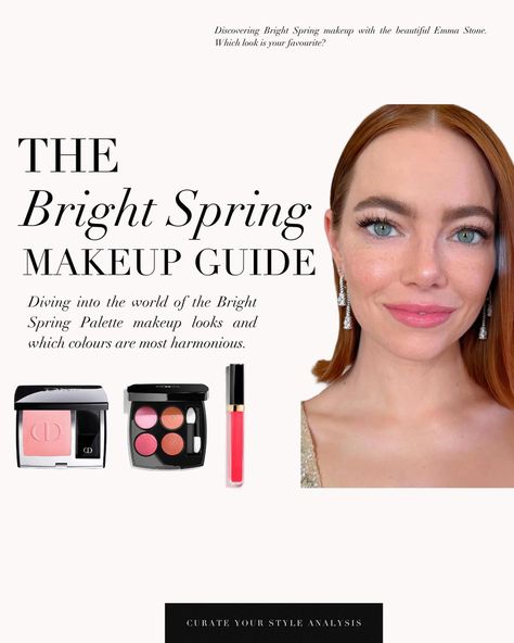 A Bright Spring makeup guide with the lovely Emma Stone 🤍 . #coloranalysis #colouranalysis #springpalette #brightspring #emmastone Bright Spring Makeup Products, Bright Spring Romantic, Bright Spring Color Palette Makeup, Warm Spring Makeup Looks, Clear Spring Makeup, Bright Spring Makeup, Warm Spring Makeup, Bright Spring Color Palette, Color Seasons