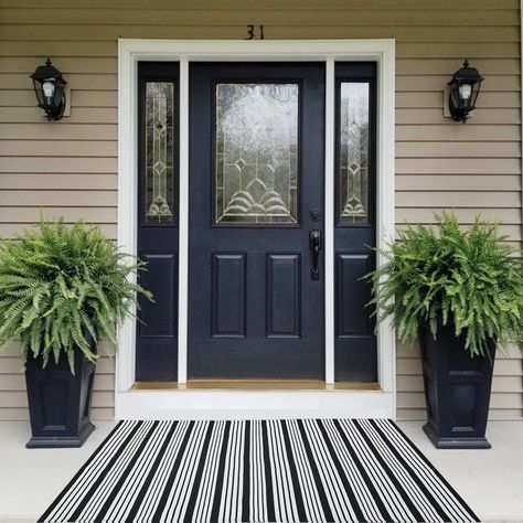 PRICES MAY VARY. Decorate your home with style with our black and white striped rug! Our front door mat is Super Popular on Pinterest, put it on your front porch with a WELCOME doormat on top. Very cute layering! Receive your guests with elegance! the latest and most trendy farmhouse decor!   This classical black and white rug are versatile for indoor or outdoor use. It can be used as a doormat, bathroom rug, porch mat, kitchen mat, apartment rug, area rug, and entry door rug. You name it!    Fe Striped Outdoor Rug, Laundry Room Farmhouse, Entryway Laundry Room, Entryway Laundry, Porch Front Door, Apartment Rugs, Porch Mat, Front Door Entryway, Outdoor Entryway