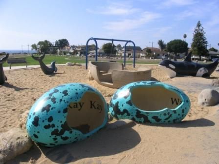 Dinosaur Park Eggs | Shell Beach, CA Lions Playing, Beach With Kids, Dolphin Swimming, Preschool Playground, Pismo Beach California, Public Playground, Dog Kennel Designs, Public Restrooms, Dinosaur Park