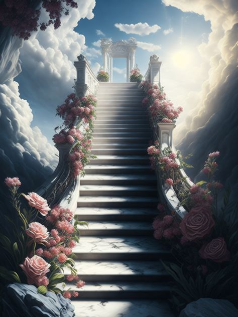 A beautiful digital art creation of an ethereal and majestic stairway to heaven lined with flowers leading visitors to the sky above Heaven Aesthetic, Heavenly Sky, Heaven Is For Real, Path To Heaven, Stairs To Heaven, Beautiful Digital Art, Heaven Art, Final Destination, Stairway To Heaven