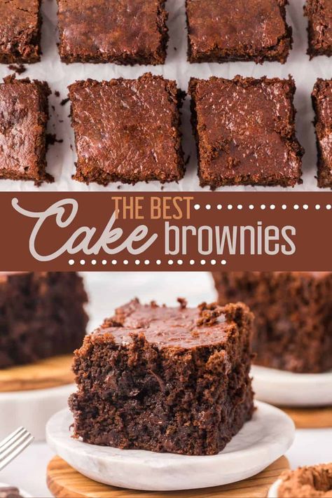 The best Cake Brownie Recipe- These light, fluffy, and moist brownies are so easy to make and are a chocolate lover's dream! Chewy Cake Brownies, Pie, Cakey Brownies Recipe Homemade, Simple Brownie Recipe 3 Ingredients, Elevated Brownies, Soft Brownies Recipe, Cake Like Brownies Recipe Homemade, Cakey Brownie Recipes, Thick Brownies Recipes