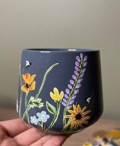 50 EXTRAORDINARY Mug Painting Ideas - Craftionary Cottage Core Ceramic Mug, Designs For Painting Pottery, Ceramics Pottery Painting Ideas, Painting On Mugs Acrylic, Diy Painting Pottery, Painting Ceramic Mugs, How To Paint Pottery Ceramics, Painting On Mugs Ideas, Painted Pot Ideas Easy Diy