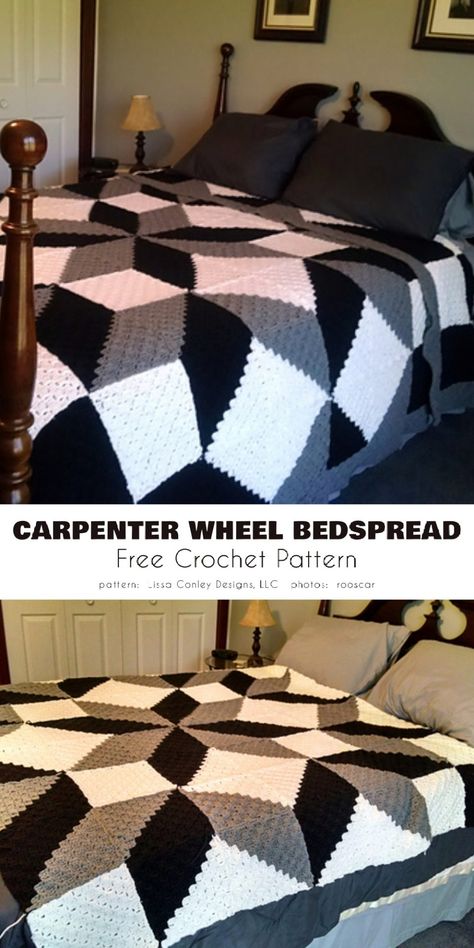 Carpenter Wheel Crochet Blanket Men Pattern, Crochet Carpenters Wheel Pattern, Free Crochet Quilt Afghan Patterns, Black And White Crochet Blanket Pattern Free, 3d Afghan Crochet Patterns Free, Geometric Afghan Crochet Patterns, 3 Colour Crochet Blanket, Crochet Geometric Blanket Pattern, Amish Crochet Patterns Free