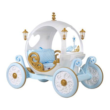 "Every fairytale deserves to come true and, with our 24V Disney Princess Carriage, they can! Once a humble pumpkin, this elegant coach has magically transformed and is ready to whisk your little princess off to the ball or on to her next magical adventure! The beautiful white gold and blue carriage is thoughtfully designed with gold accents and ornate interior details. The spacious coach is large enough to bring along a friend to share the magic. It features a detachable \"wear and share\" princ Disney Princess Carriage, Princess Car, Dreamy Decor, Kids Spa, Princess Carriage, Cinderella Carriage, Princess Toys, Toys By Age, Room Cozy