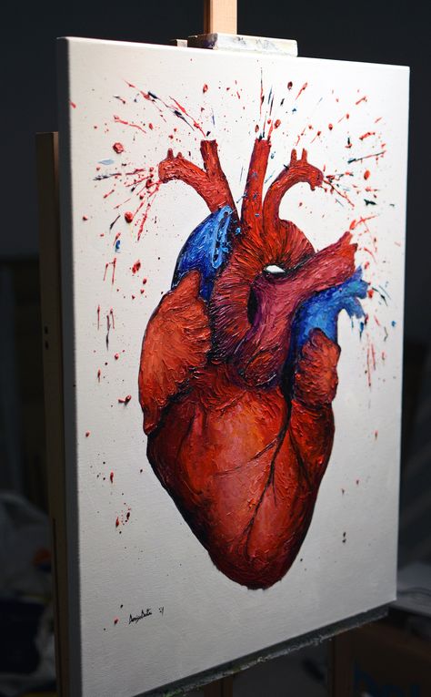 "Modern Abstract Contemporary Heart Painting, Original and Handmade Fine Art by Denisa Laura \"Anatomical Heart\" * Size : 28'' x 20 '' ( 70 x 50 cm) * Original Handmade Oil Painting * FREE SHIPPING worldwide * Hanging Mechanism - This painting is READY TO HANG! * Medium: Professional artist grade oil * White painted edges * Finished with a protective layer of varnish. * Certificate of Authenticity * If you would like me to include a HANDWRITTEN MESSAGE, please leave your message in the notes se Painted Anatomical Heart, Painting A Heart On Canvas, Feelings Painting Ideas, Doctors Painting, Doctor Painting Art, Heart Painting Ideas On Canvas, Real Heart Painting, Realistic Heart Painting, Real Heart Aesthetic