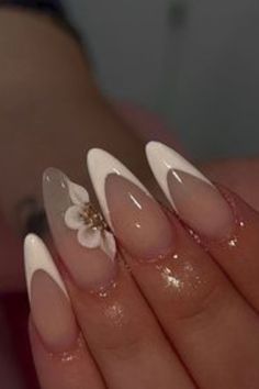 Almond Nails Designs 3d Flowers, 3d Flowers Almond Nails, Almond Nails With Acrylic Flowers, May Nails Ideas 2024 Flowers, Nail Ideas White Flowers, Medium Nail Designs Almond, 3d Design Nails Acrylics, White French Nails With Flower Design, 3d Flower Nails Almond Shape