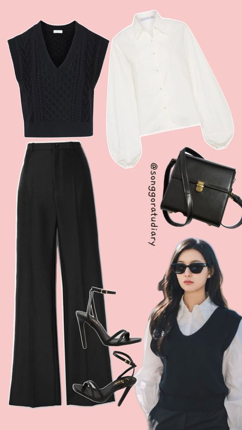 Hong Hae In (Kim Ji Won) Queen of Tears KDrama Inspired Outfit Black & White Casual OOTD Casual Ootd, Business Casual Outfits For Work, Winter Fashion Outfits Casual, Korean Casual Outfits, Shein Outfits, Hijabi Outfits Casual, Kim Ji Won, Korean Fashion Dress, Ootd Casual