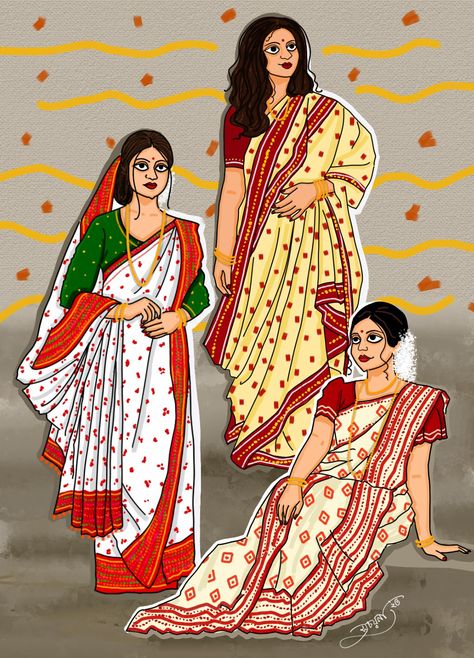 Bengali Woman Drawing, Bengali Character Design, Bengali Bride Drawing, Bengali Art Culture Illustration, Bengali Drawing, Bengali Illustration Art, Bengali Art Culture, Bengali Illustration, Drama Illustration