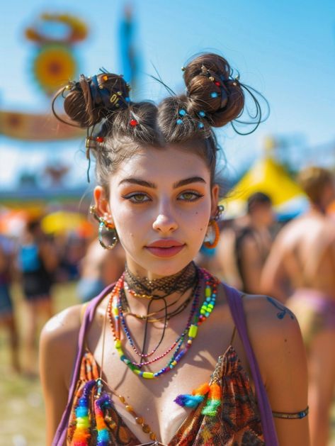 13 Trendy Festival Hairstyles for Coachella and More in 2024 - Fashion Tips Tricks Wavy Bun Hairstyles, Festival Curly Hairstyles, Perfect Space Buns, Festival Hairstyles Curly Hair, Curly Hair Space Buns, Space Buns Long Hair, Short Hair Festival Hairstyles, Space Buns Curly Hair, Braids Space Buns