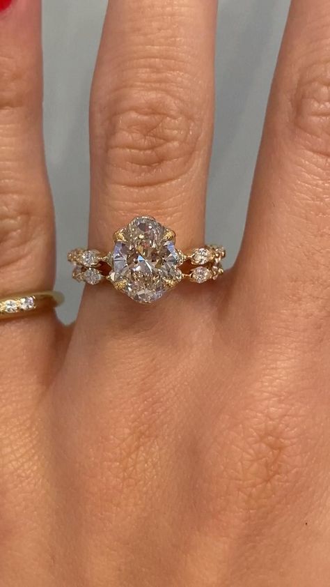 Gold With Diamond Engagement Rings, Carissa Engagement Ring, Non-diamond Engagement Ring, Unique Engagement Wedding Rings, Oval Ring With Diamonds Around, Decorative Band Engagement Ring, Intricate Engagement Ring Band, Oval Diamond Marquise Band, Old Fashion Wedding Rings Vintage