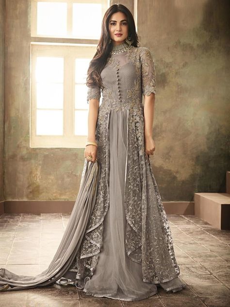 Sonal Chauhan Grey Net Gown Suit - inddus-us Net Dresses Design Ideas, Sonal Chauhan, Salwar Kamiz, Designer Anarkali, Fashion Gowns, Indian Gowns Dresses, Indian Gowns, Anarkali Suit, Anarkali Dress