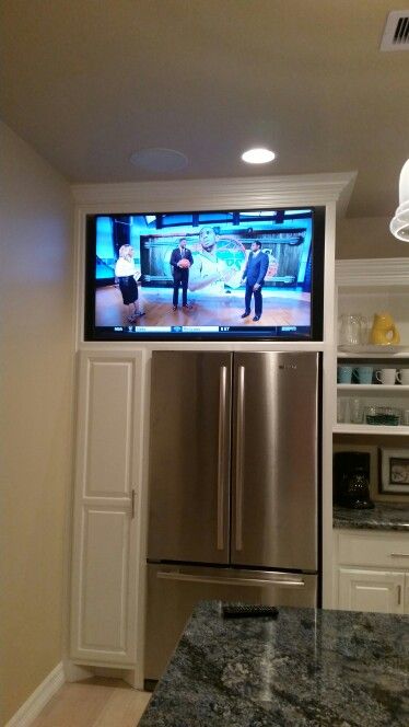 Tv Above Fridge Kitchens, Tv Over Fridge, Tv Over Refrigerator, Tv Above Refrigerator, Tvs In Kitchen Ideas, Tv In The Kitchen Ideas, Tv Above Fridge, Kitchen Tv Wall Ideas, Tv In Kitchen Ideas