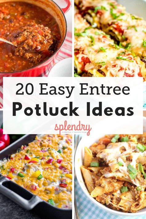 Whether you've got a church potluck to attend, or a holiday party crowd to feed, we've got 20 of the easiest and most delicious entree recipes to try! From slow cooker pastas to yummy casseroles, there's something for everyone! #potluck #recipesforacrowd #feedacrowd #easyrecipes #potluckrecipes #slowcookerrecipes #casserole Good Potluck Ideas, Potluck Entrees Main Dishes, Large Gathering Dinner Ideas, Entree Recipes For A Crowd, Large Easy Meals For Party, Easy Dinners To Feed A Crowd, Main Potluck Dishes, Savory Potluck Dishes Easy, One Dish Party Ideas