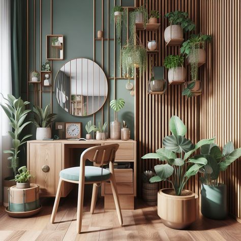cute places to decorate with potted plants and a chair, in the style of studyplace, emerald and brown, mirror rooms, wood, y2k aesthetic, detailed Green Gold Room Aesthetic, Beige And Green Office, Office Brown Aesthetic, White Wood Green Interior, Boho Office Chairs, Wood And Plants Aesthetic, Home Office Greenery, Green Wood Decor, Brown Salon Aesthetic