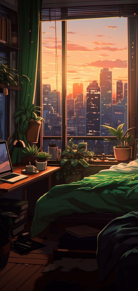 cozy sunset bedroom art, lofi apartment bedroom scene, sunset vibes artwork, urban bedroom decor, city apartment lofi illustration, bedroom plants art, cozy room sunset painting, lofi aesthetic art, lofi bedroom wall decor, apartment plants art, relaxing sunset ambiance art, lofi chill room art, urban apartment coziness, bedroom plants wall art, laid-back sunset atmosphere, lofi chill space art, city apartment cozy vibes, bedroom greenery artwork, sunset lofi relaxation Lofi Landscape Wallpaper, Cozy Lofi Wallpaper, Cozy Bedroom Illustration, Cozy Bedroom Anime, Soothing Wallpapers For Phones, Cozy Anime Wallpaper, Lofi Aesthetic Wallpaper Computer, Lofi Live Wallpaper, Lofi Art Wallpaper